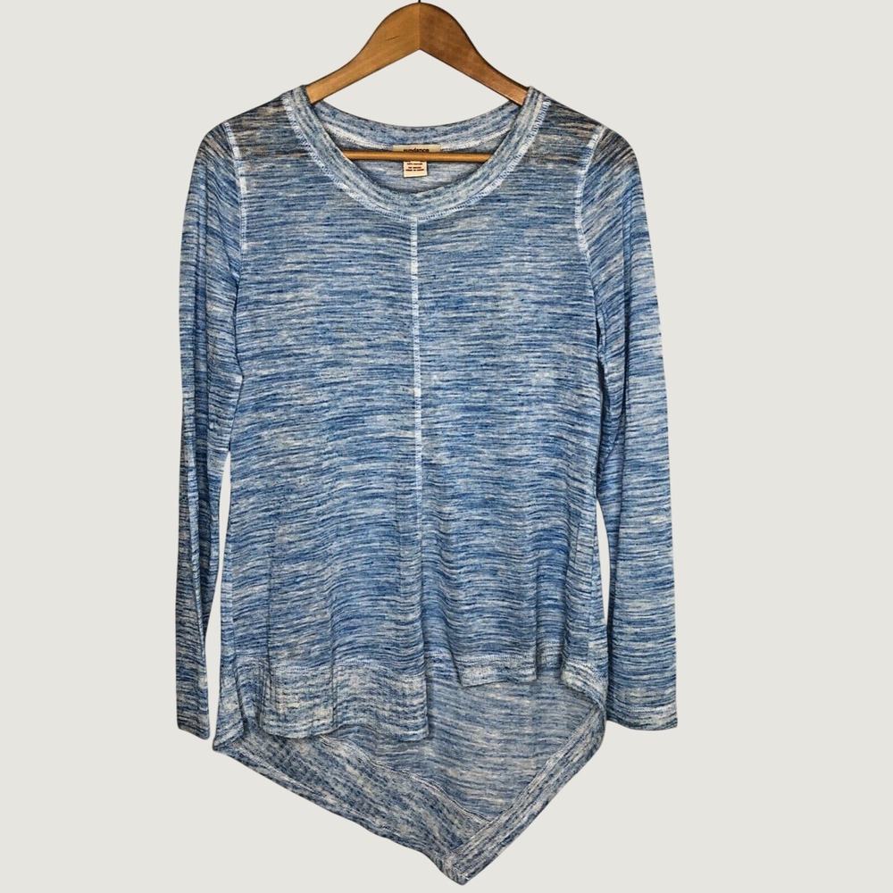 Sundance Top Women S Blue Space Dye Sharkbite Hem Long Sleeve Ribbed Knit Boho